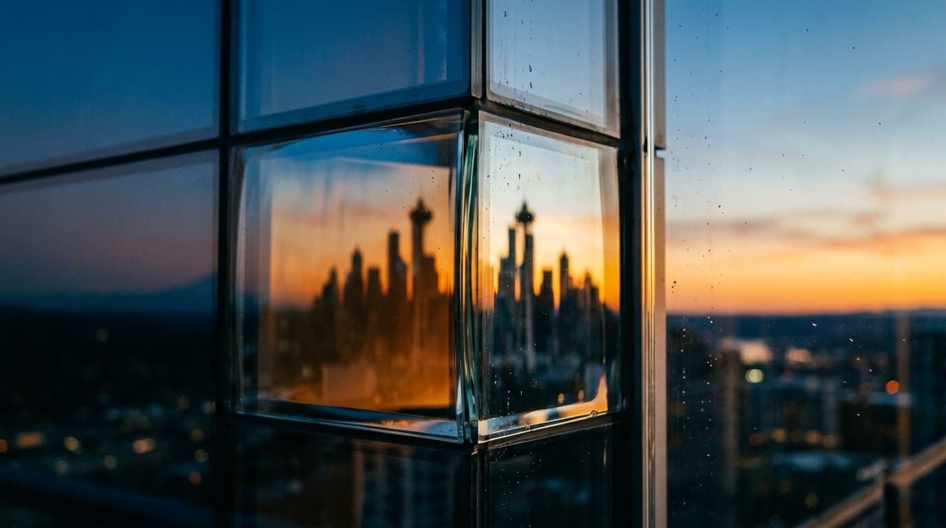 A 100mm macro shot captures a sliver of polished, reflective glass on a Bellevue high-rise, showing the distorted, golden-...