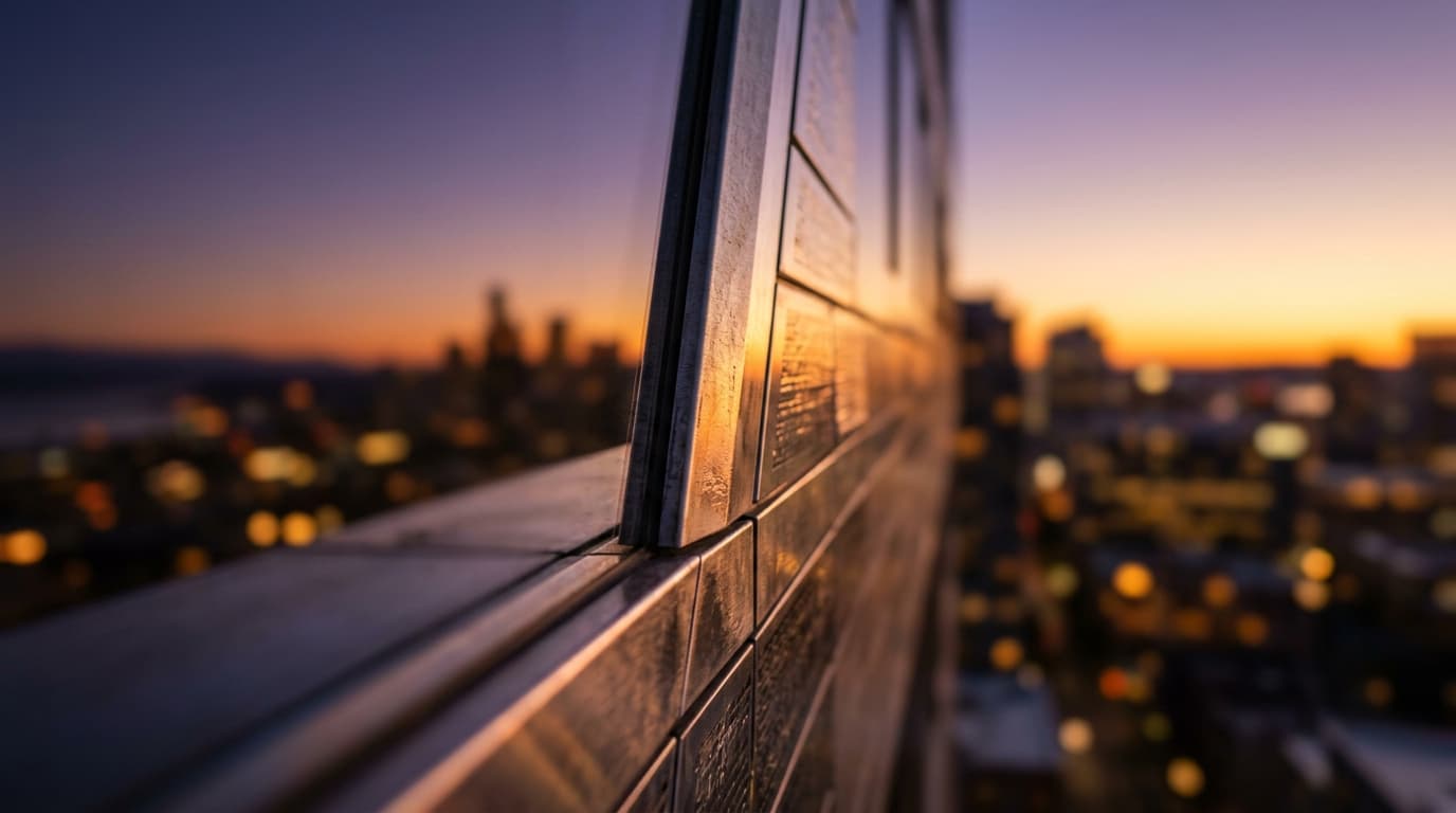 A tilt-shift, extreme macro shot captures the glinting edge of a downtown Bellevue skyscraper at golden hour, with the blu...