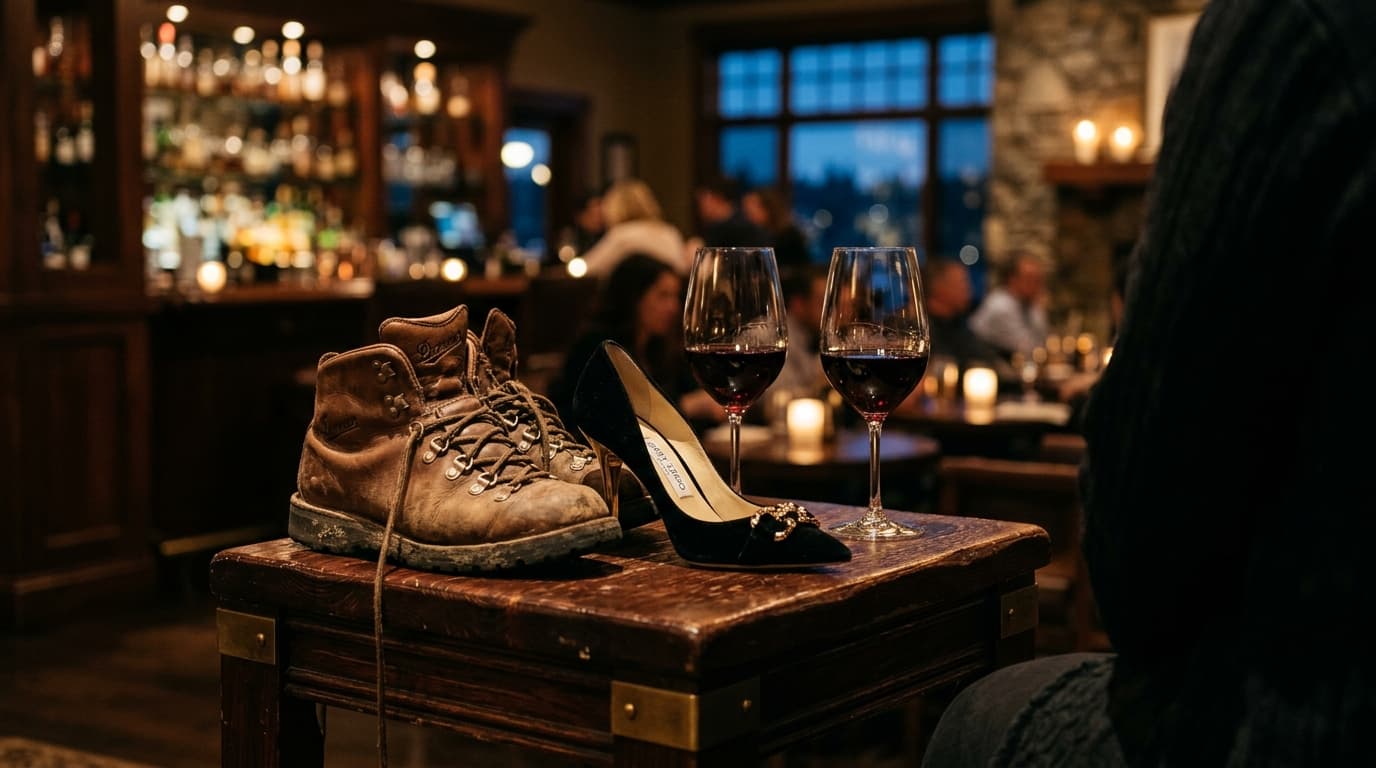 A leather hiking boot resting beside a luxury designer heel on a dark mahogany bar stool. Two half-poured glasses of vinta...