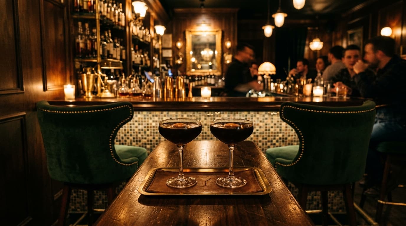 A low-angle, 24mm wide-angle view of two plush velvet barstools at Civility & Unrest. Centered, two coupe glasses holding...