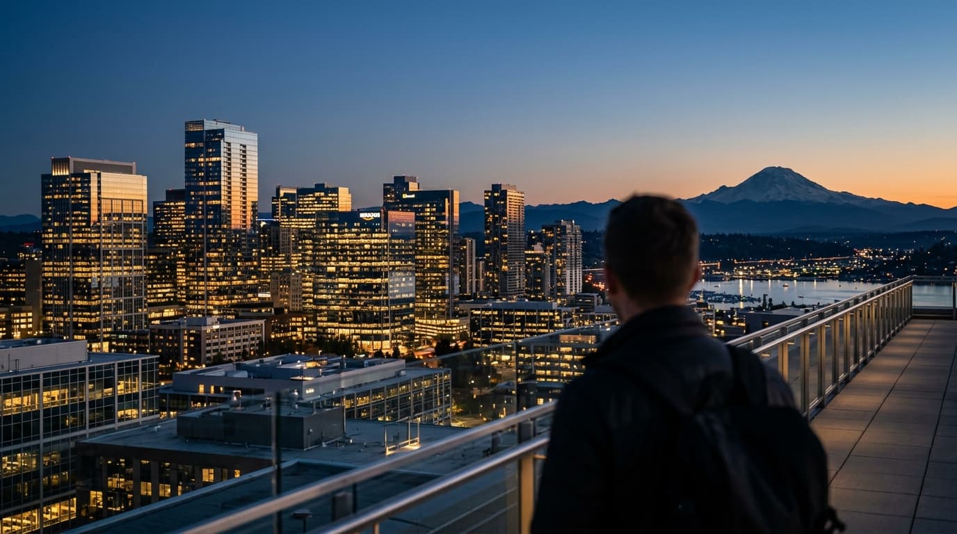 Centered, 24mm wide-angle view from a downtown rooftop looking out over the illuminated Bellevue skyline at blue hour, cap...