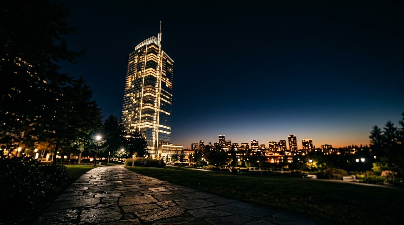 A low-angle shot from the Bellevue Downtown Park stone path, focusing on the illuminated, glowing architecture of the Asce...