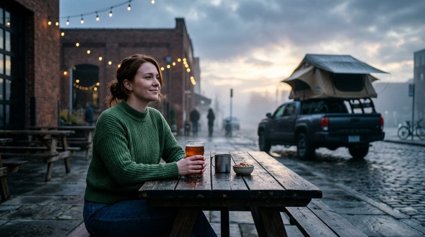 A woman in a thick wool sweater sits at a weathered brewery table, holding a craft pint. A parked, open rooftop tent sits...