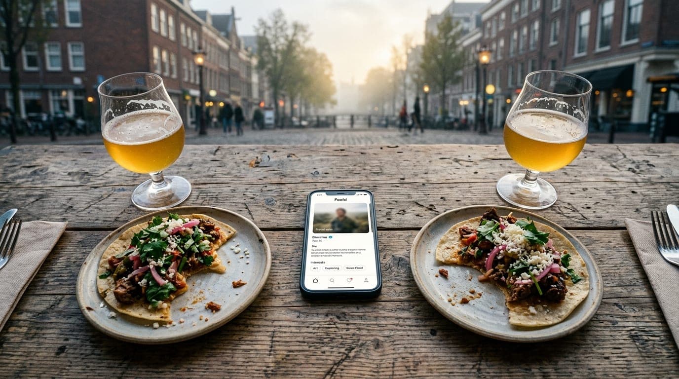 Overhead flat-lay on a weathered wooden table. Two half-eaten gourmet tacos from Black Sheep and two craft beer tulip glas...