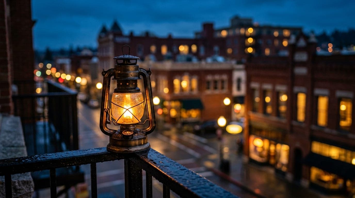 A tight, 100mm macro shot of a single glowing lantern on a rain-slicked balcony railing, framing the blurred, warm-lit his...