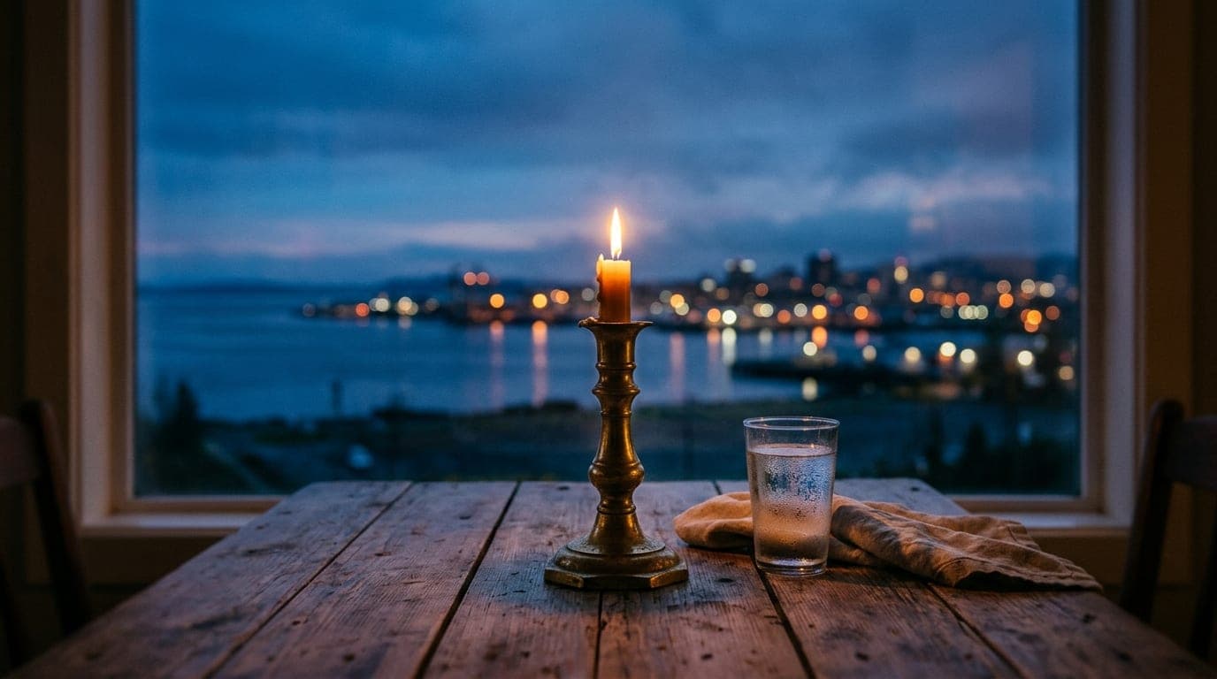 A heavy brass candlestick glows on a rustic wooden table, its light catching condensation on a glass, framing the distant,...