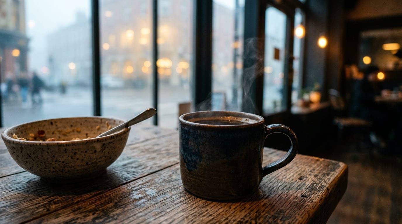 A macro shot of a steaming ceramic mug of Sparrow Bakery coffee resting on a rustic wooden table, with a hand-thrown potte...