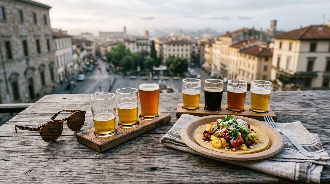 An overhead flat-lay of two half-empty craft beer flights on a weathered wood table, beside a pair of sunglasses and a tac...