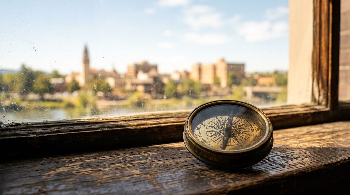 A close-up, natural light shot of a worn wooden windowsill at noon. In the lower third, a vintage brass compass rests agai...