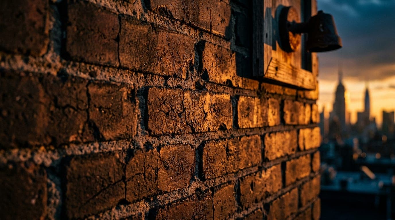 Extreme 100mm macro shot of weathered dark brickwork on the exterior of the Tin Pan Alley lounge, glowing in deep orange s...