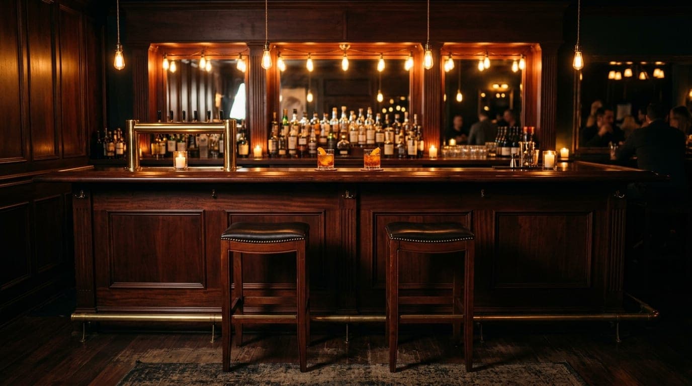 A wide, symmetric shot of a mahogany bar in Northwest Crossing. Two high-ball glasses sit atop coasters, centered between...
