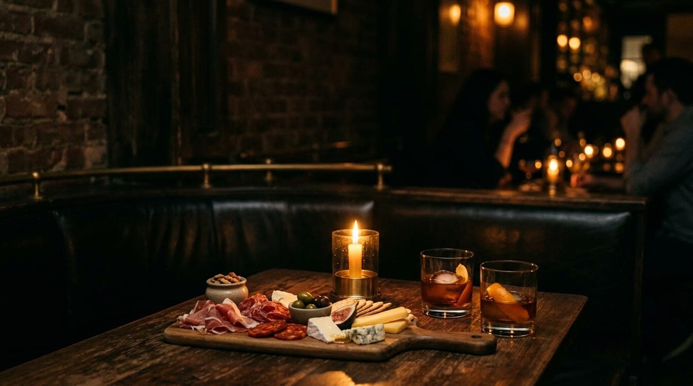 A moody, candle-lit booth at San Simon features a wooden serving board topped with artisanal charcuterie and two half-fill...