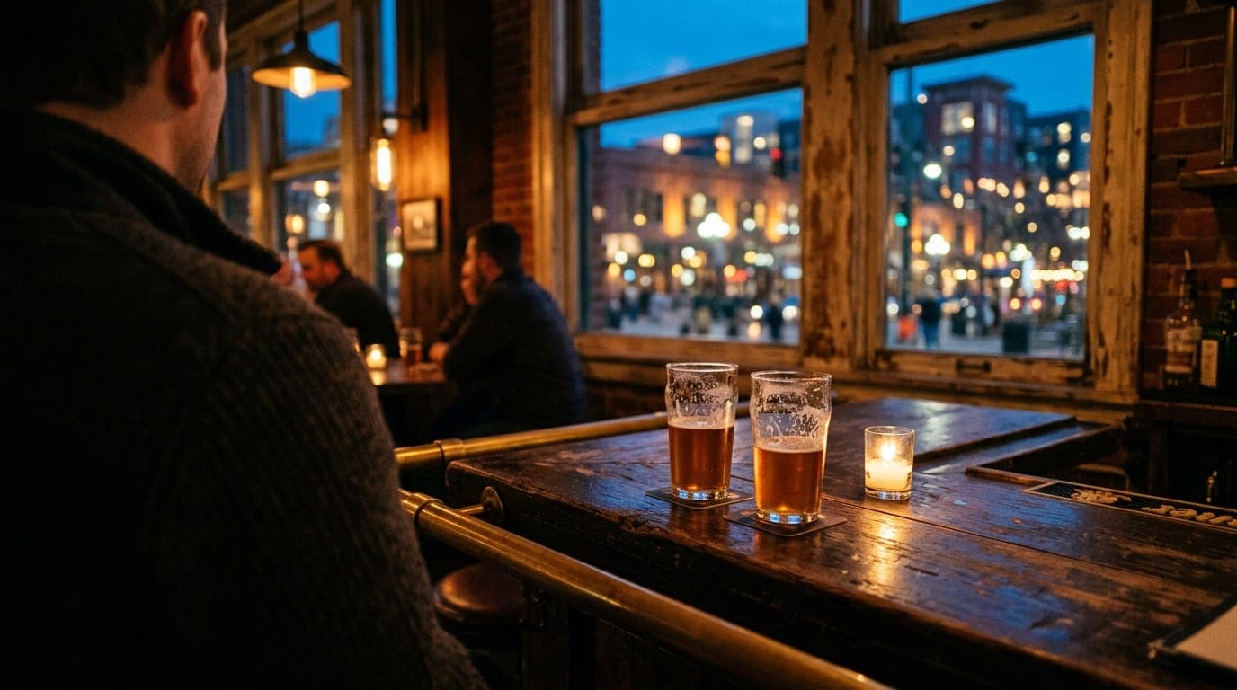 An over-the-shoulder view of a dimly lit Old Mill District bar. Two half-poured craft beers sit on a rustic wooden counter...
