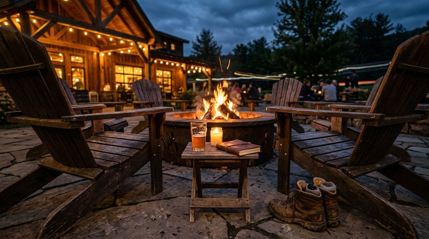 A low-angle, symmetric shot of two Adirondack chairs facing an outdoor fire pit at a brewery. A pair of worn hiking boots...