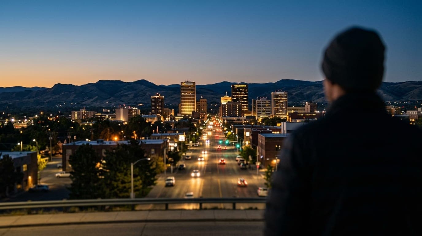 Over-the-shoulder perspective looking down 27th Street at blue hour. Selective tilt-shift focus draws the eye toward the i...
