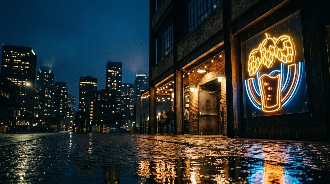 A low-angle, 35mm wide shot captures the neon-lit industrial signage of a downtown brewery entrance at midnight. The glowi...