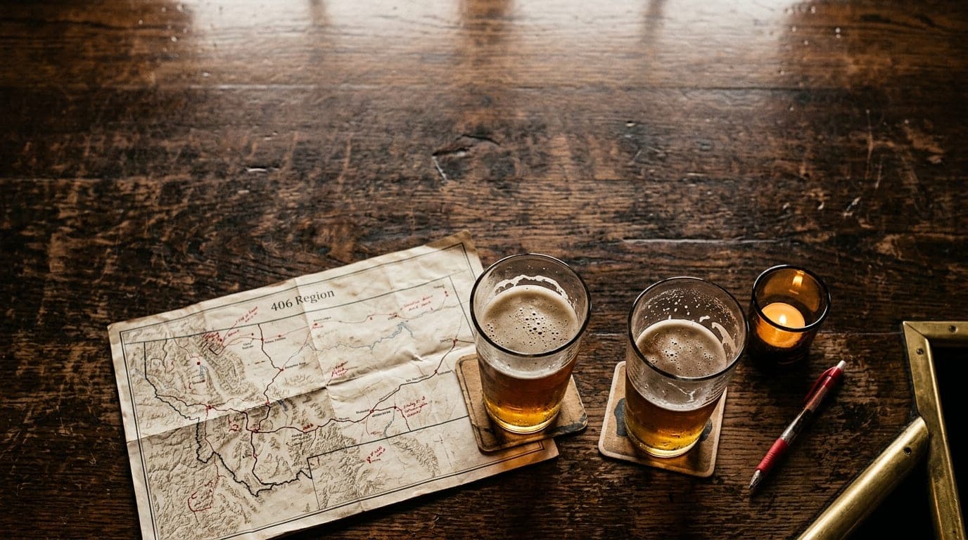 An overhead flat-lay of two half-poured craft beers on a scarred wooden bar top in Billings, beside a crumpled map of the...