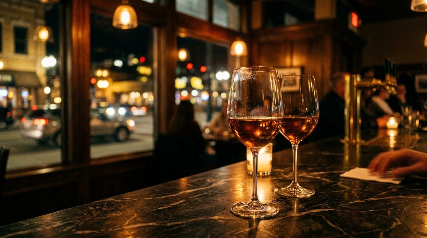 A pair of stemmed wine glasses rests on the dark, polished marble counter at Bin 119. Warm, low-hanging pendant light refl...