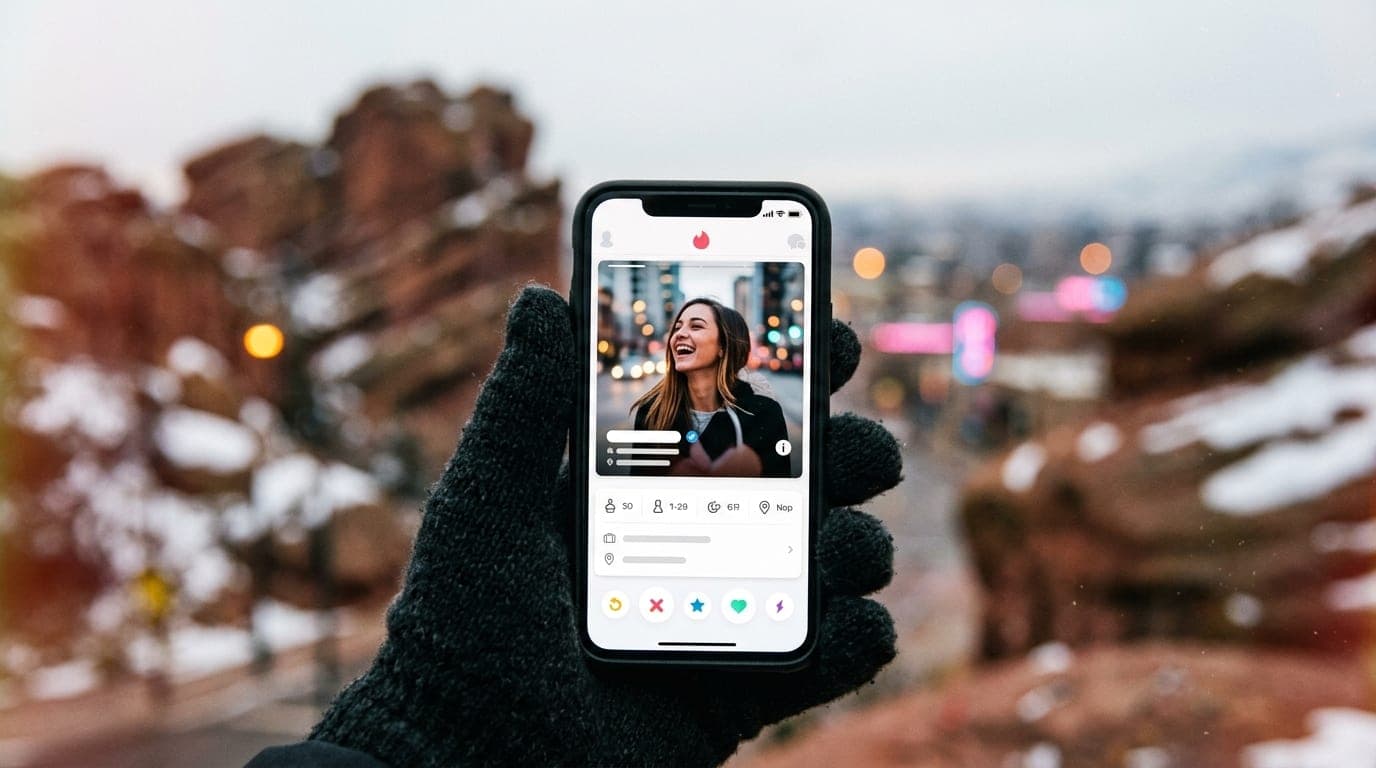 A tight 100mm macro shot of a smartphone screen held in a gloved hand, displaying a Tinder profile against the blurred, sn...