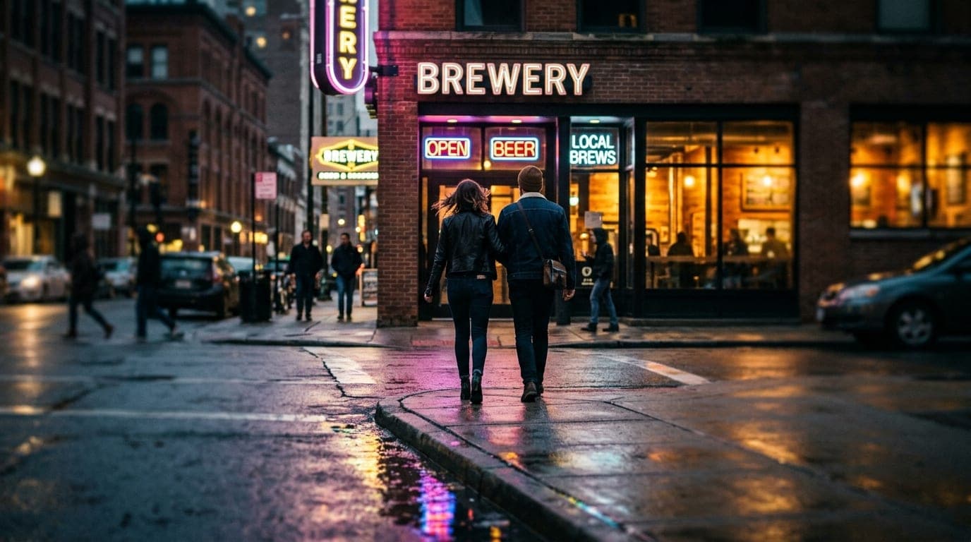 A wide establishing shot of a couple walking toward the neon entrance of a downtown brewery. Tilt-shift focus highlights t...
