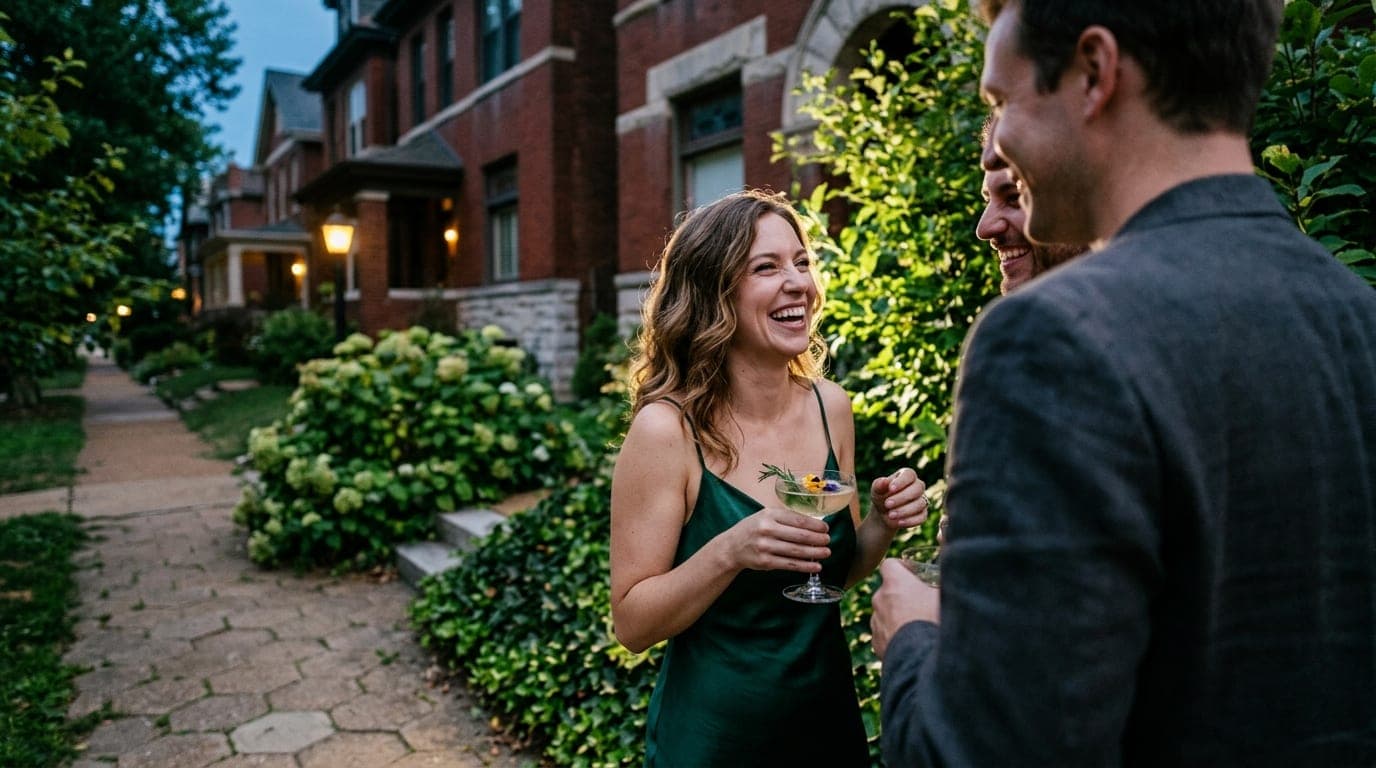 A couple stands on a Forest Park sidewalk at blue hour. A woman in a silk slip dress laughs, clutching a botanical cocktai...