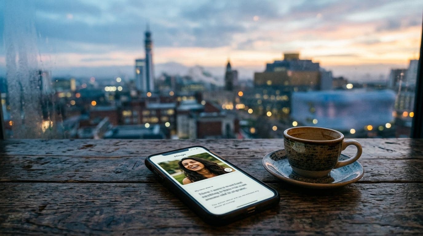 A smartphone displaying a Hinge profile rests on a rustic wooden cafe table at dusk, a half-empty espresso cup beside it,...