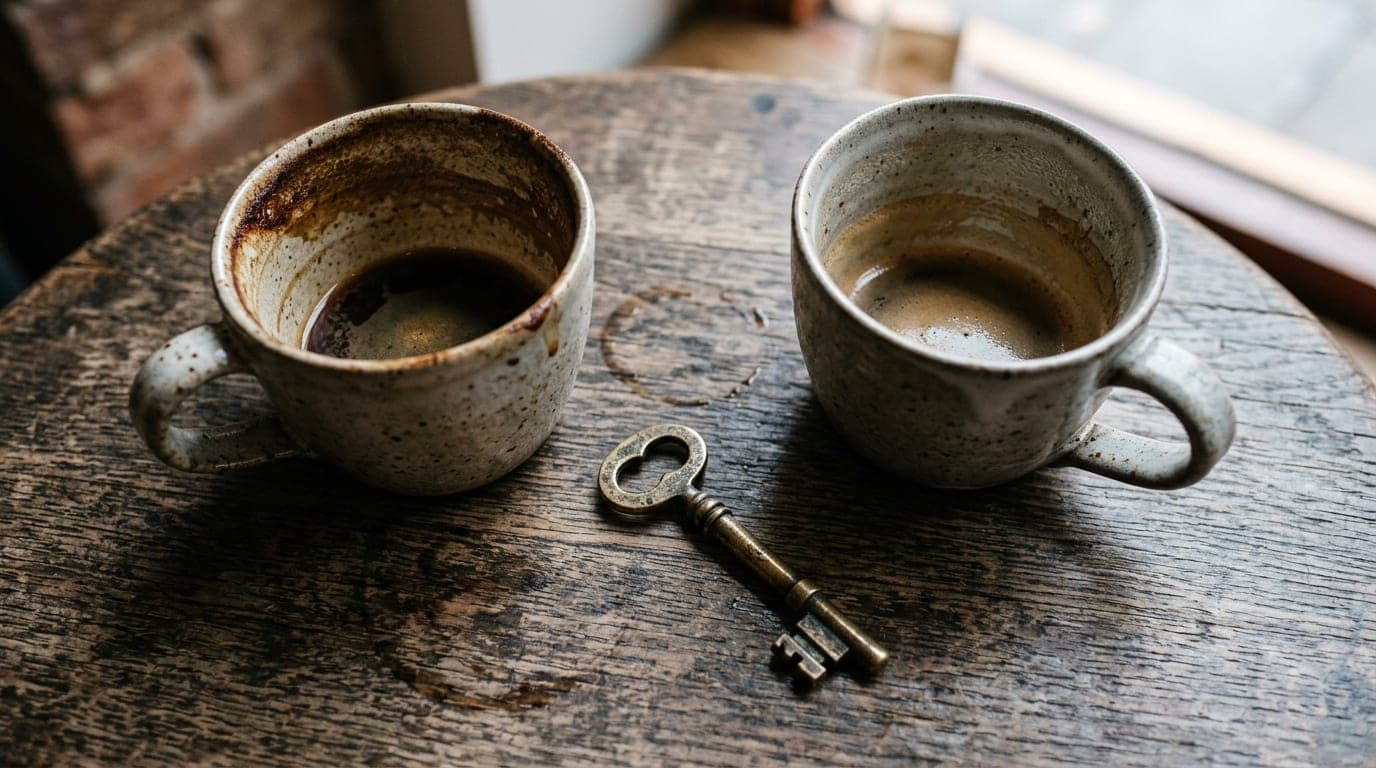 100mm macro overhead flat-lay of two half-empty ceramic coffee mugs and a single vintage brass skeleton key resting on a r...