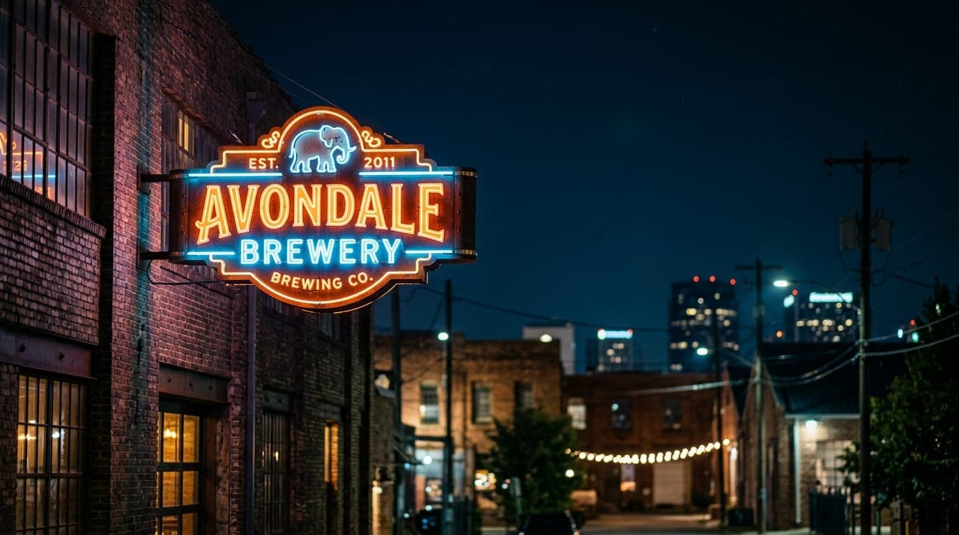 A low-angle 85mm shot of a neon-lit Avondale brewery sign glowing against the dark Alabama sky at midnight, with the blurr...