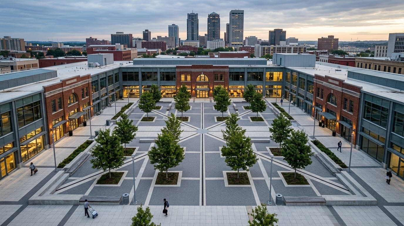 An overhead 24mm flat-lay view of the Pizitz Food Hall’s geometric courtyard at dawn, capturing symmetrical shadows across...