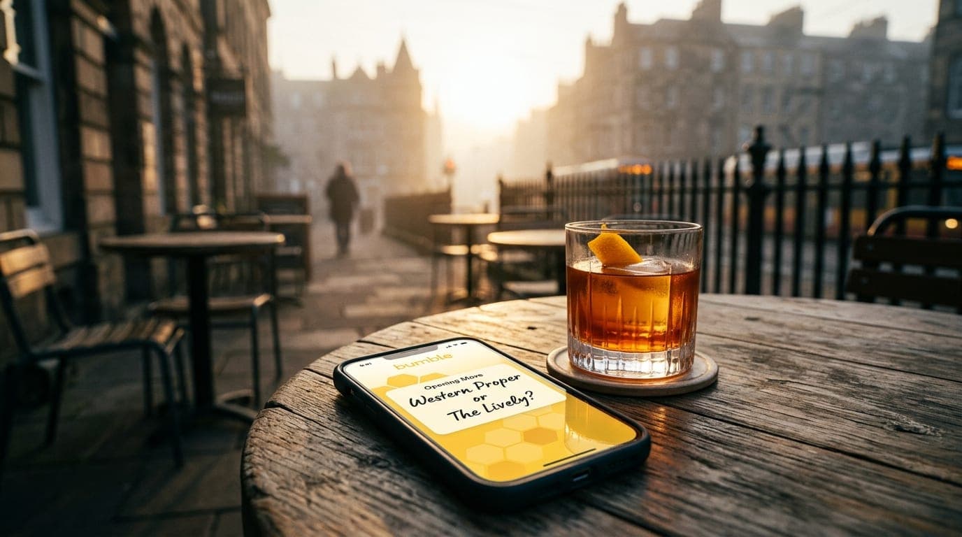 Golden hour light illuminates a smartphone screen held on a patio table. A polished cocktail sits beside the phone, which...
