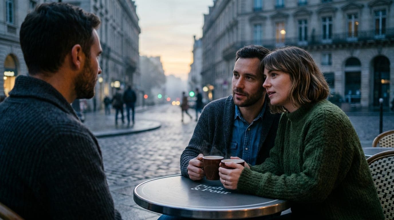 A 35mm shot captures a couple holding two steaming ceramic mugs at a Push & Pour bistro table. They sit outdoors during bl...