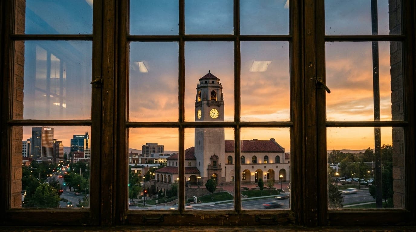 Centered 24mm wide-angle shot through a window framing the historic Boise Depot’s clock tower at dusk, its architectural s...