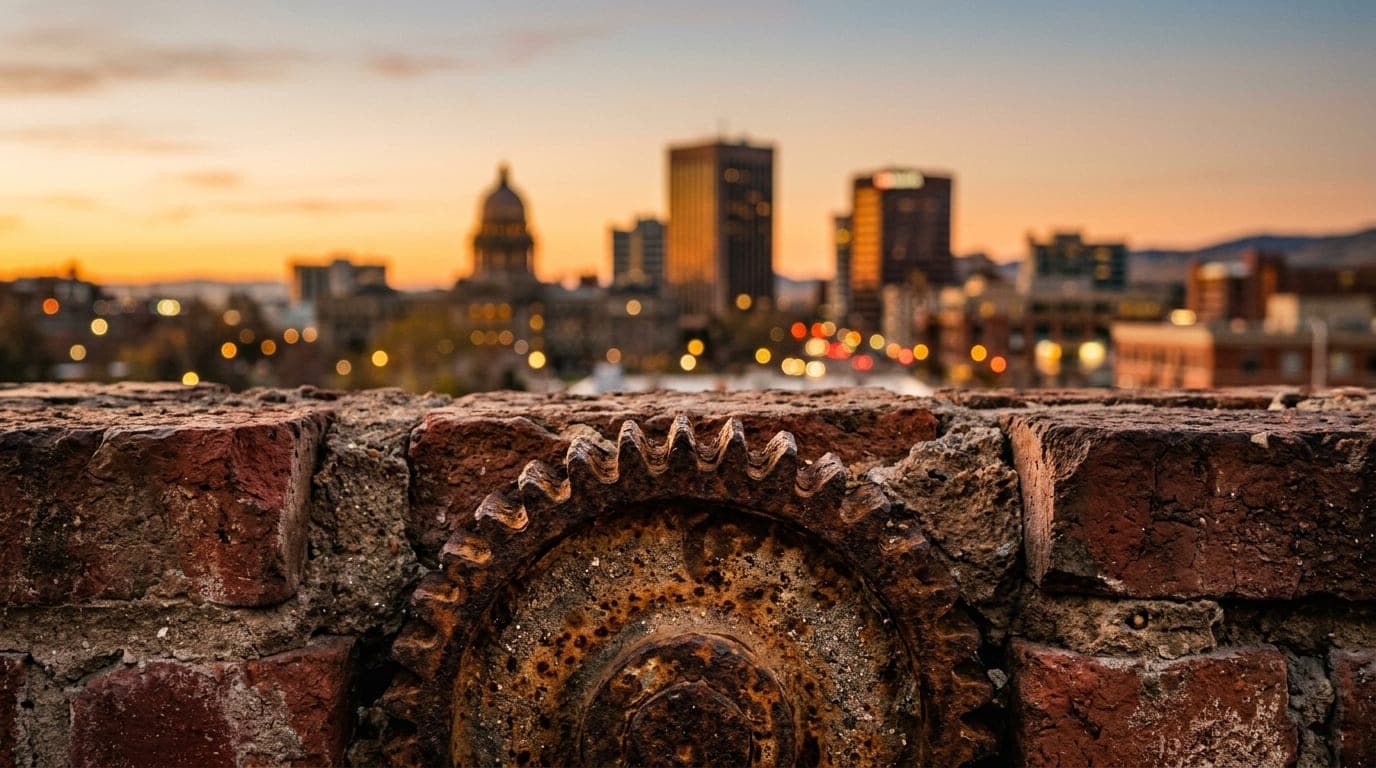 Extreme macro of a rusted industrial gear embedded in a brick wall in the Linen District. Golden hour light catches the te...