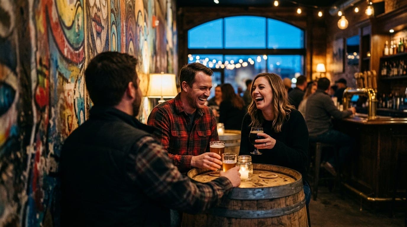 Over-the-shoulder view from a dimly lit Freak Alley mural corner. A blurred flannel-clad couple laughs over craft beers on...