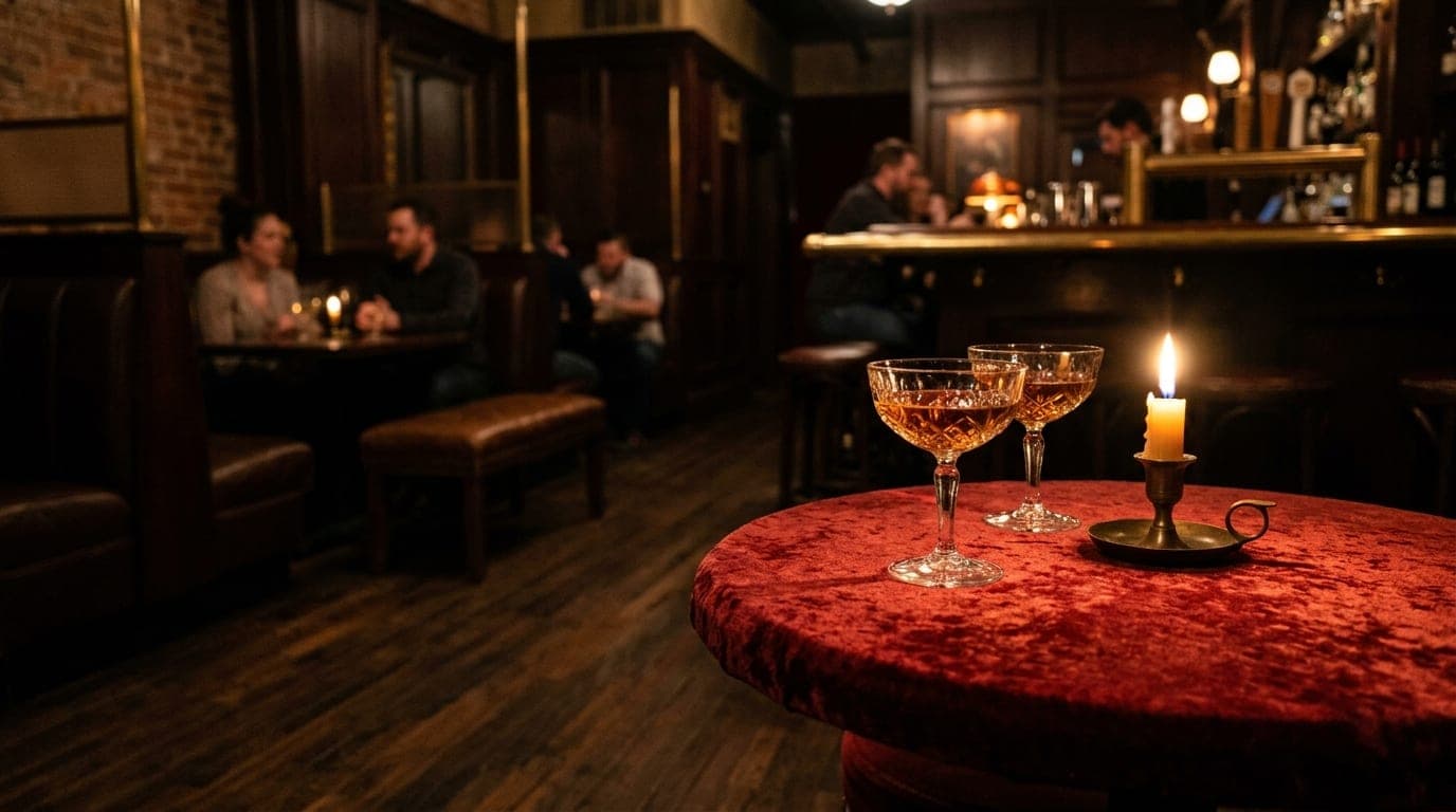 Low-angle 35mm shot inside a dark speakeasy. Two crystal coupes sit on a velvet-topped table beside a single flickering ca...
