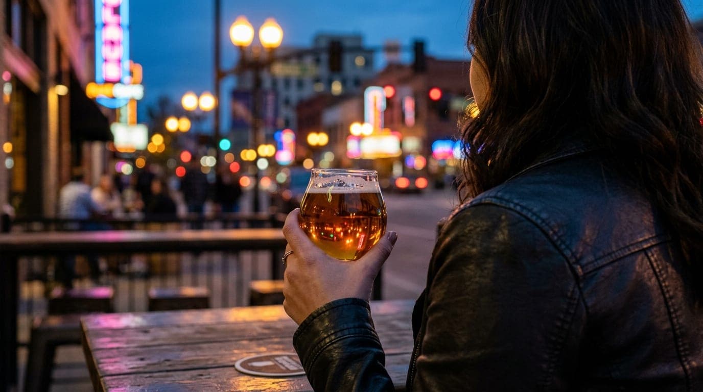 An over-the-shoulder macro shot of a woman at an 8th Street brewery, wearing a dark leather jacket, holding a craft beer g...