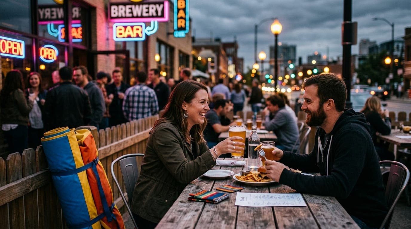A 50mm natural perspective shot of a couple sharing a craft beer at a sun-drenched outdoor brewery table, with a colorful...
