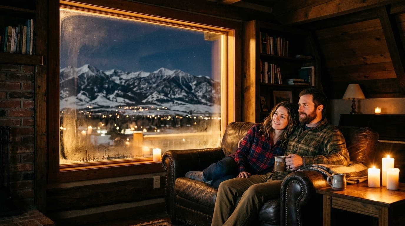 A medium shot in a candle-lit Bozeman living room. A couple in flannel shirts sits on a leather sofa, offset right, overlo...