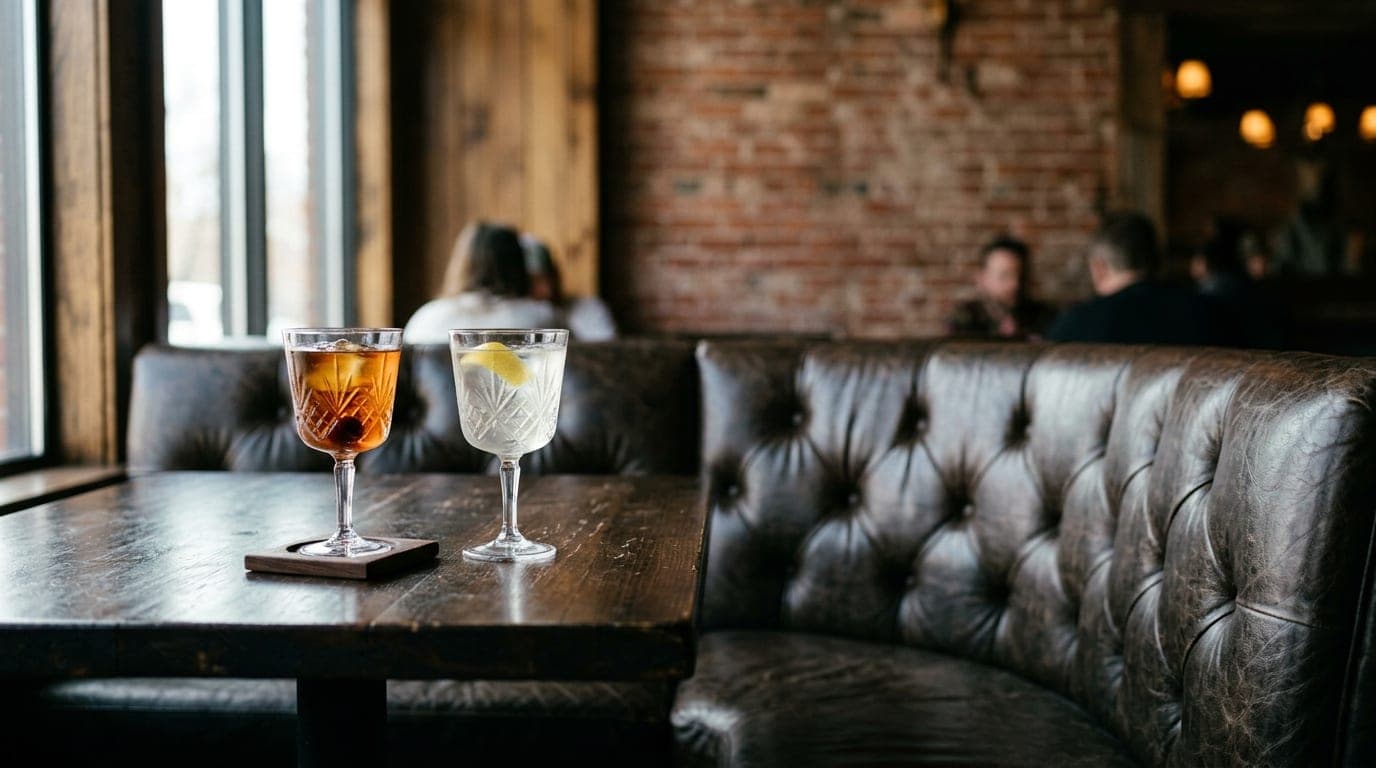 An 85mm portrait captures a leather booth at The Devil’s Toboggan in low noon light. Two crystal cocktail glasses sit on t...