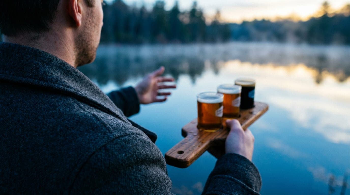 Over-the-shoulder, 100mm macro, blue hour. A woman in a charcoal wool coat holds two branded beer flights from Map Brewing...