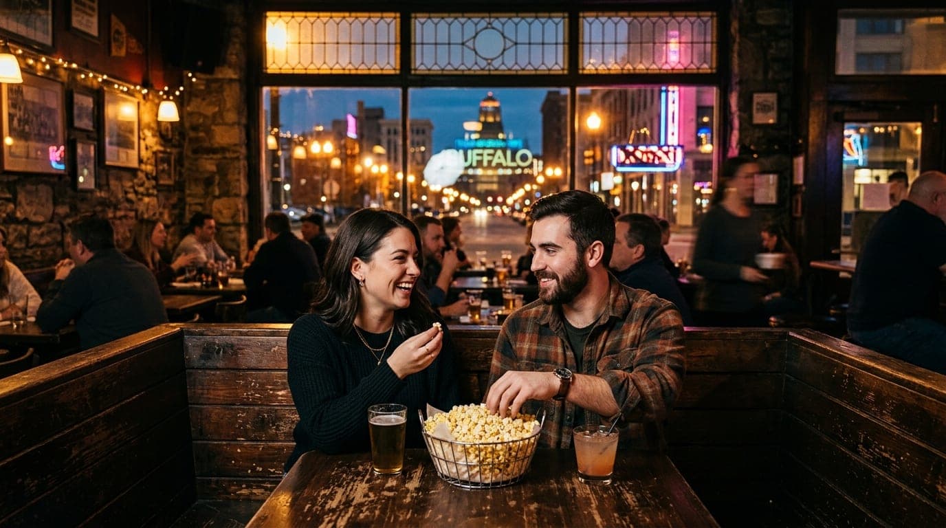 A wide 24mm shot shows a couple sharing a basket of popcorn at a crowded wooden booth inside a dim, history-filled tavern,...