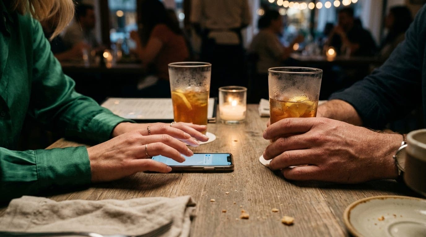 Overhead flat-lay of two people’s hands resting near two sweating glasses on a cafe table. A woman in a silk blouse nervou...