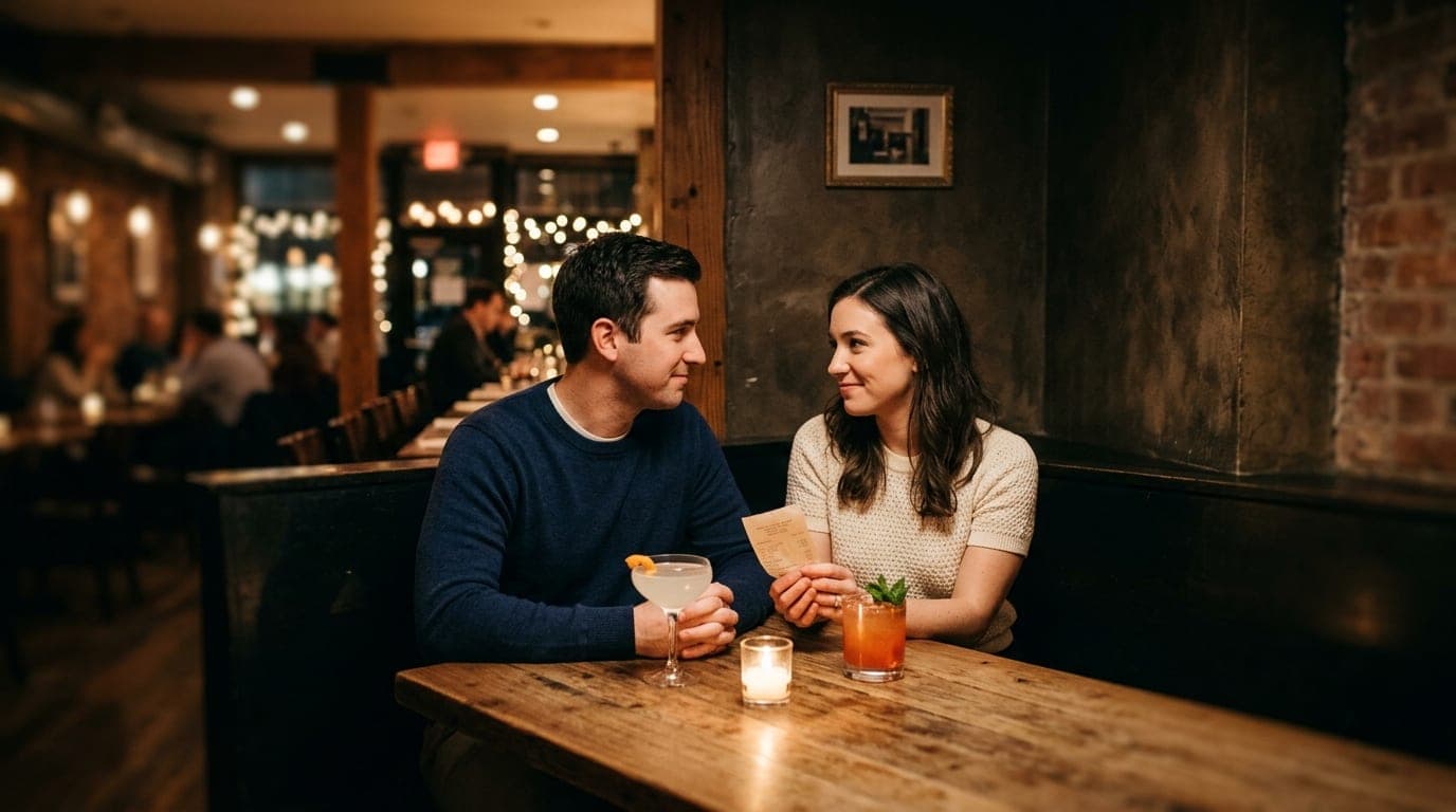 A man in a navy sweater and a woman in a cream knit top sit at a dim corner table, eyes meeting shyly over two cocktails,...
