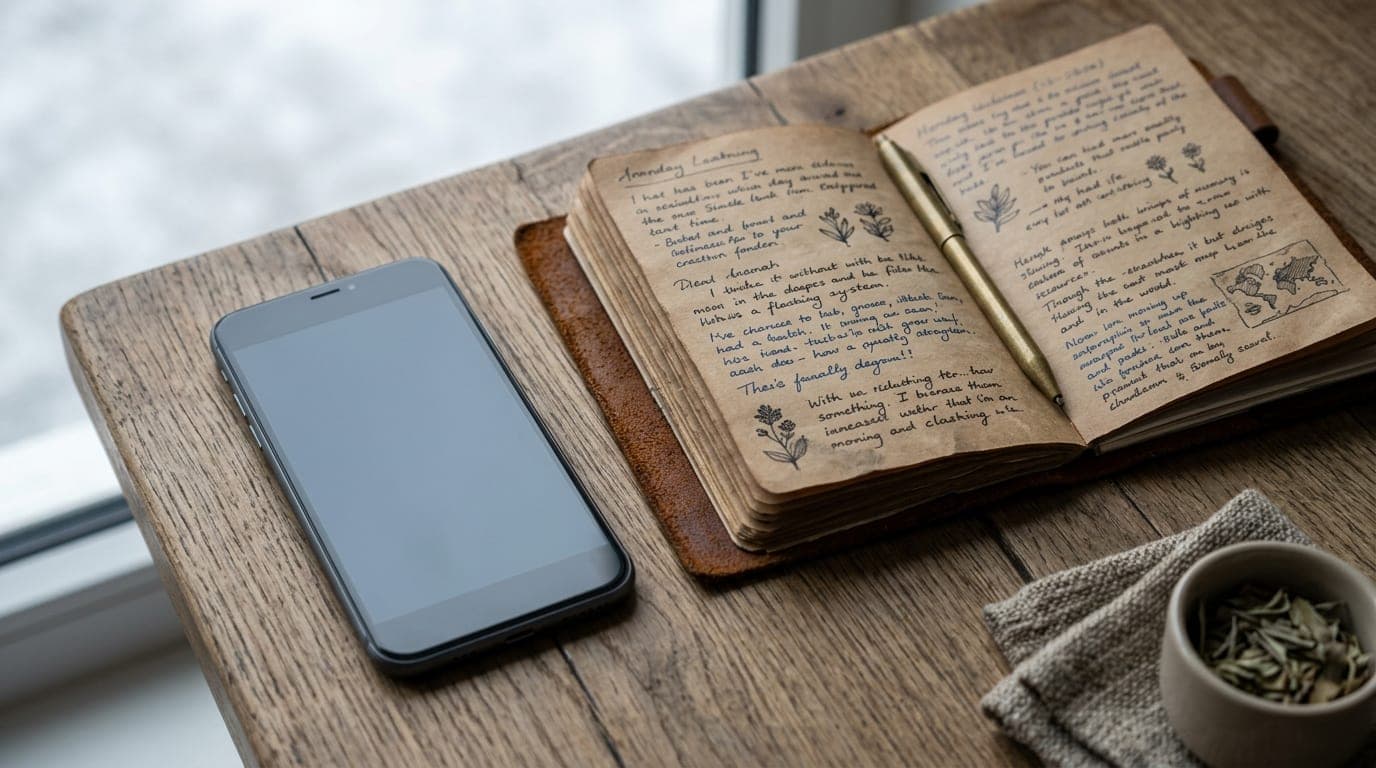 An overhead flat-lay shows a sleek, unlit phone displaying a prompt screen next to a vibrant, open leather journal detaili...