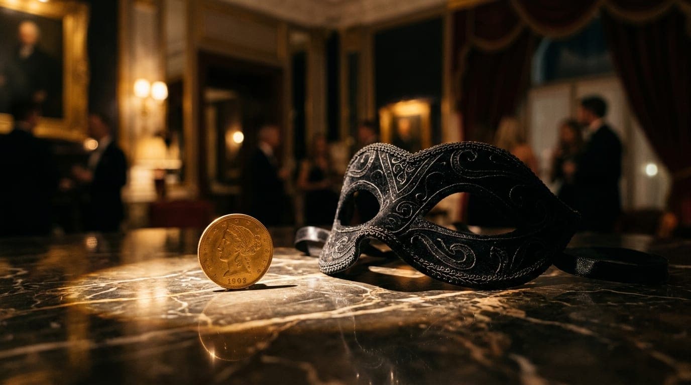 A single gold coin sits beside a sleek black velvet masquerade mask on a polished marble surface. Warm tungsten light cast...