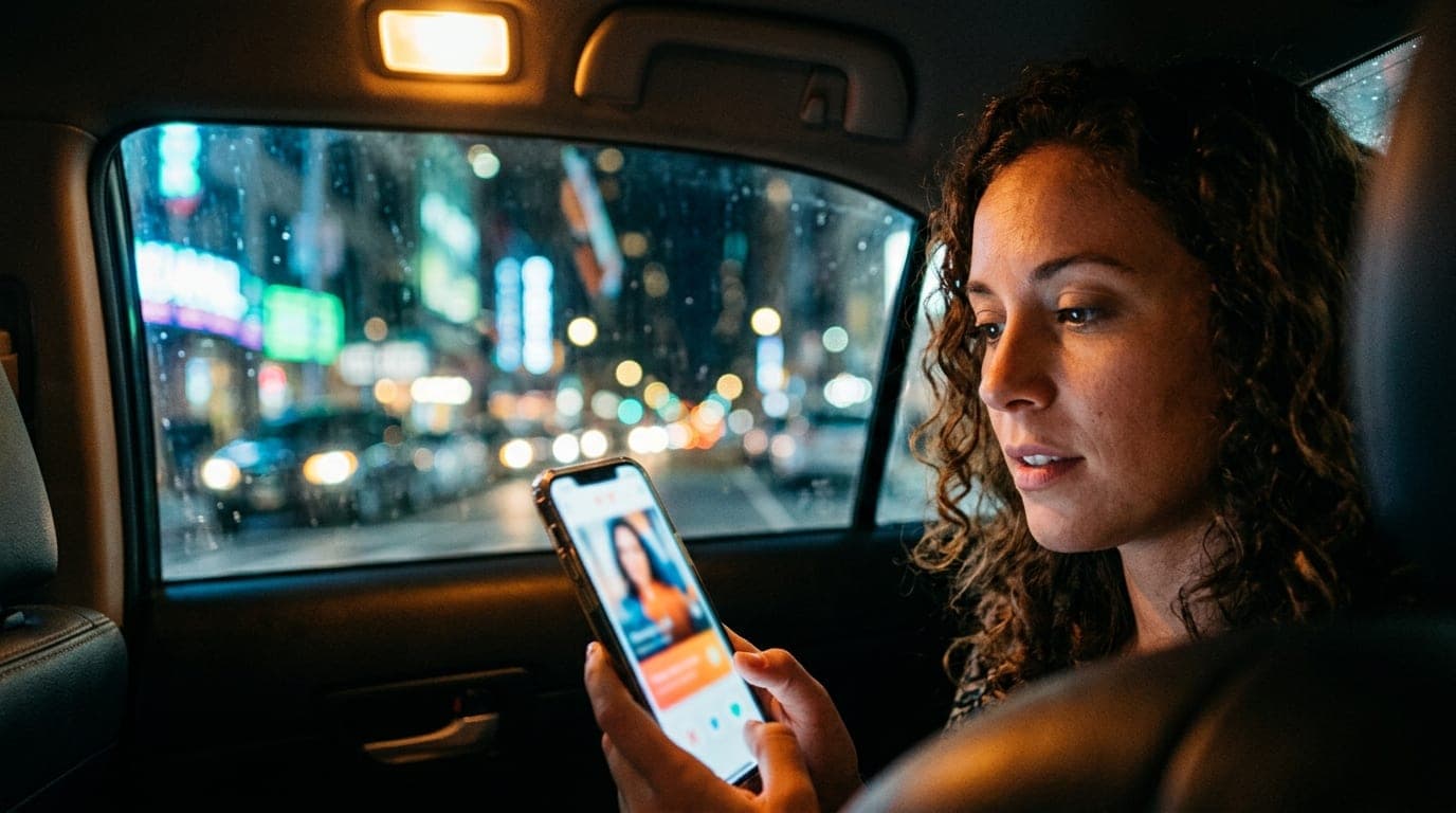 A woman sits alone in the warm, tungsten glow of a late-night rideshare. She stares intently at her phone screen displayin...