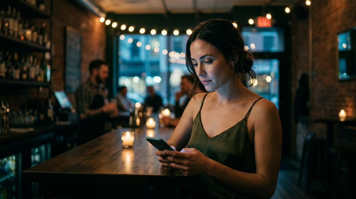 A woman in a silk camisole stands in a dim, candle-lit bar, looking down at her phone. A selective focus creates leading l...