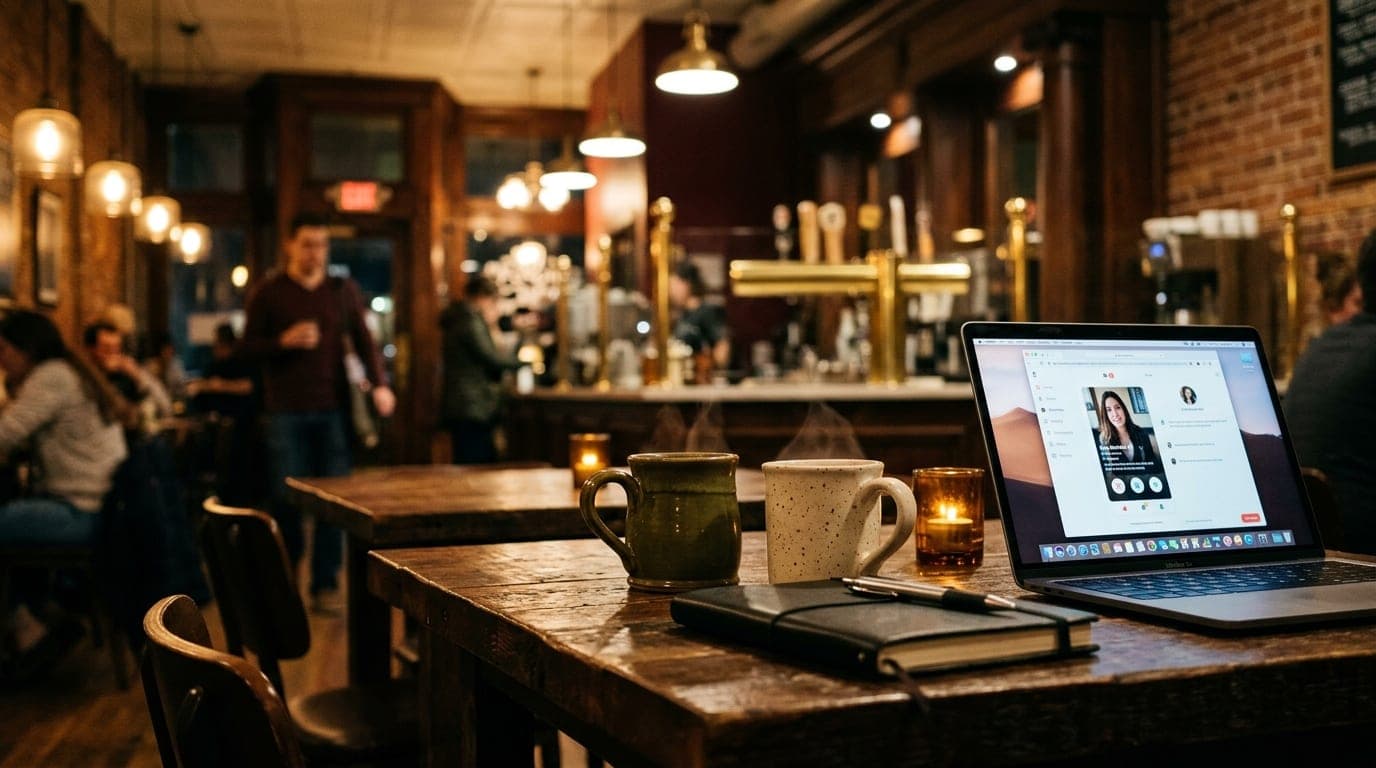 A low-angle, 35mm shot inside a bustling Muggswigz coffee shop. Two steaming ceramic mugs sit on a reclaimed wood table of...
