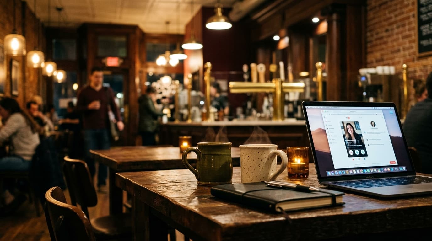 A low-angle, 35mm shot inside a bustling Muggswigz coffee shop. Two steaming ceramic mugs sit on a reclaimed wood table of...
