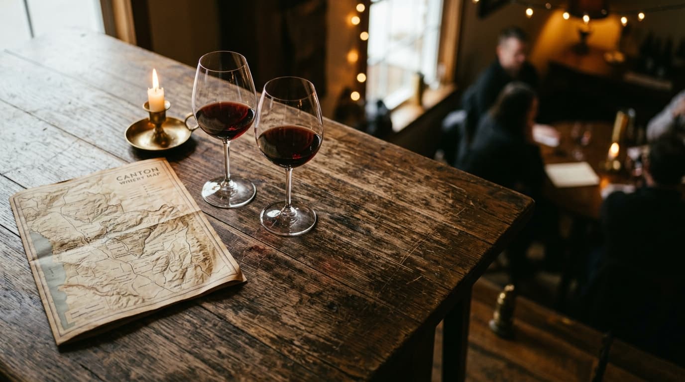An 85mm portrait shot, shallow depth of field. A high-top table at a vineyard winery, featuring two half-filled wine glass...